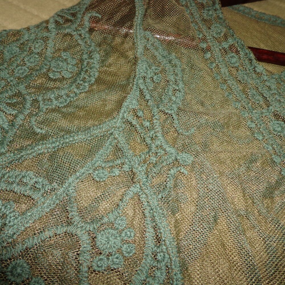 NWOT Indigo Thread Co. Sheer Embroidery Boho Open Duster XS Green  Long Sleeves - Picture 11 of 16